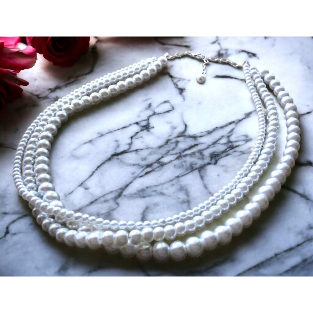 Layered Pearl Necklace, Stacked Multi Strand Drape Necklace on Silver Chain